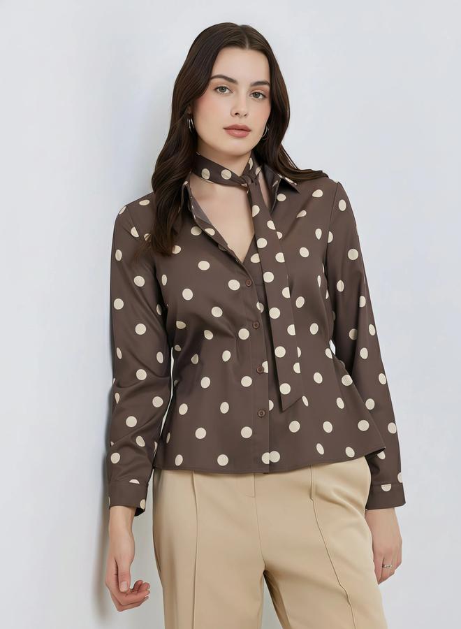 Styli Women Brown Polka Dot Tie Detail Shirt - Image 1